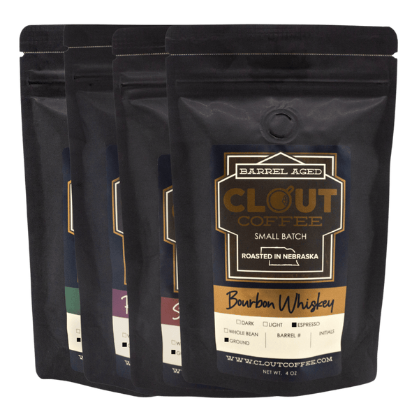 Barrel Aged Coffee Variety Sampler | Clout Coffee | Bourbon Rum Rye Whisky 