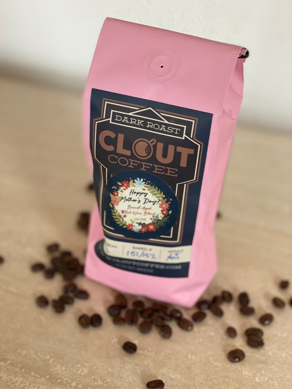 Clout Coffee's Mother's Day blend of coffee beans aged in red wine barrels comes in a pink bag just for Mother's Day!