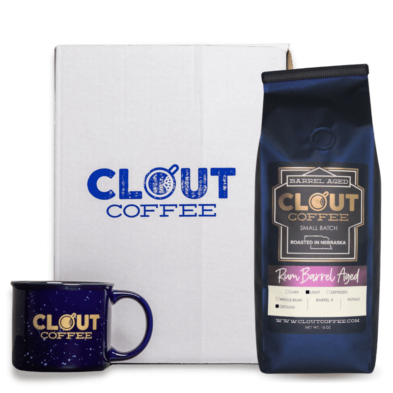 Clout Gift Box | Barrel Aged Ground Coffee 16oz + Navy Ceramic Campfire Mug 13oz