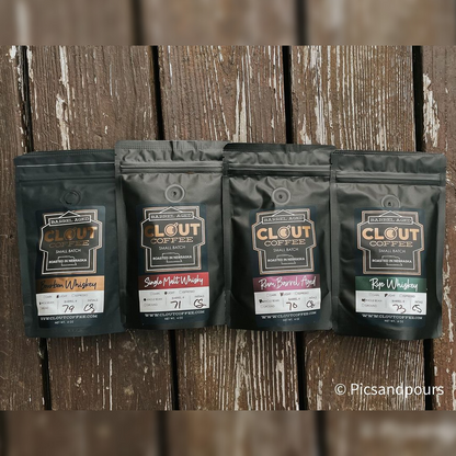 Barrel Aged Coffee Variety Sampler | Clout Coffee | Bourbon Rum Rye Whisky 